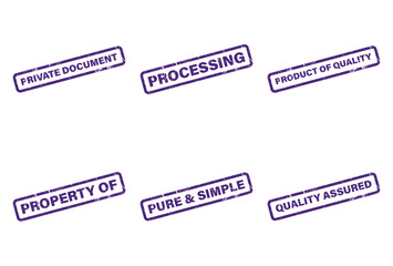 Six Purple Rectangular Stamp with Different Texts on a Transparent Background