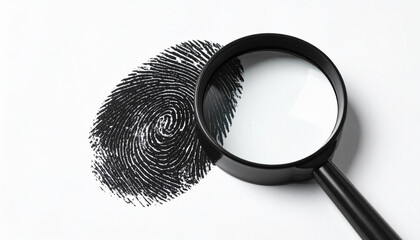 Magnifying glass and black fingerprint ink. Forensic identification and biometric analysis concept.