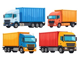 Colorful cargo trucks with various colored containers are displayed in a set.