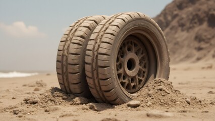 Two car tires abandoned on a sandy beach under sunny skies, daytime