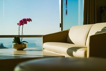 Fototapeta premium Ultra Realistic 8K Cinematic Photo of Bright Modern Luxury Apartment Interior with Panoramic Windows