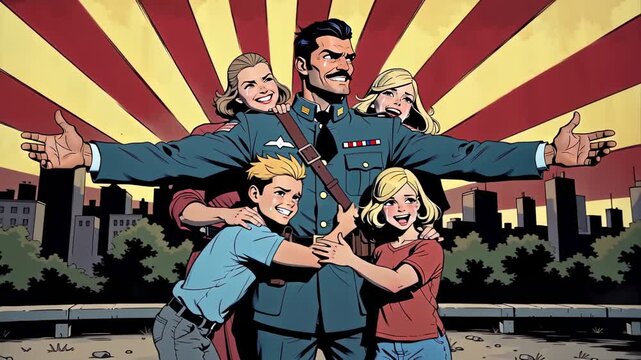 Heroic soldier father in uniform proudly embraced by smiling family with children against radiant sunburst and city skyline, family hugging soldier on Veterans Day. Style: oldschool comic. - Powered by Adobe