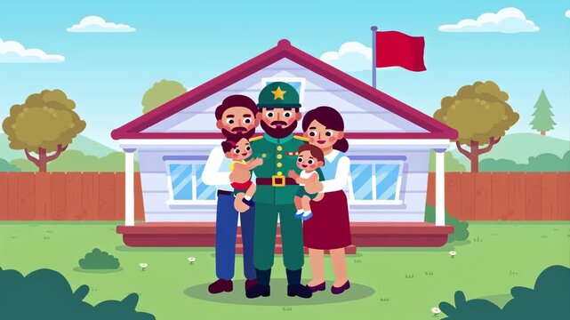  Flat style soldier father in uniform standing proudly with smiling parents and children holding babies in front of suburban house with flag, family hugging soldier on Veterans Day.  - Powered by Adobe
