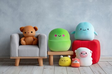 Modern interior decor with a group of adorable and cute stuffed toys. Playful contemporary design for a nursery or child's room with minimalist furniture.