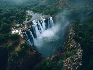 Waterfall river cliff forest mist aerial landscape nature powerful scenic view. Aerial view of powerful waterfall cascading over cliff into misty river surrounded by lush green forest and dramatic