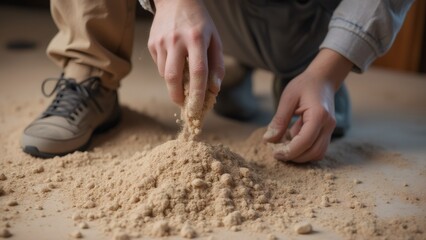 Carpenter inspecting sawdust pile on floor in workshop, close-up, day