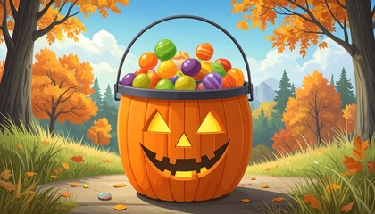 Halloween candy bucket in autumnal forest (1)