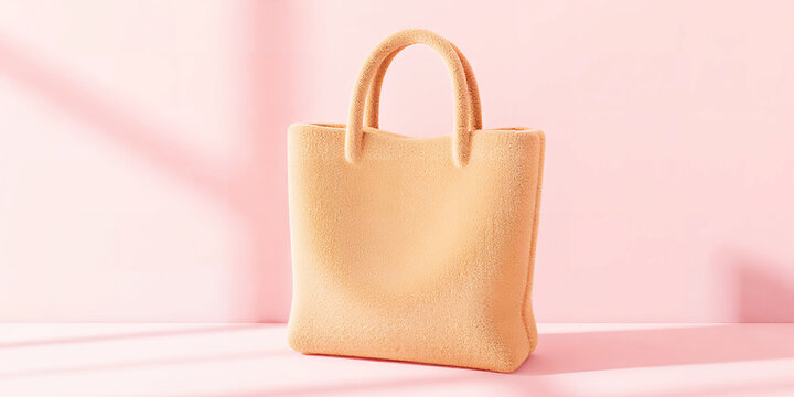 Plush Peach Tote Bag on Pink Background with Soft Shadows fuzzy