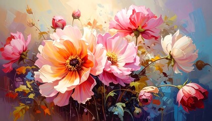 Vibrant Floral Bouquet Artistic Painting with Soft Petals and Dreamy Colors.