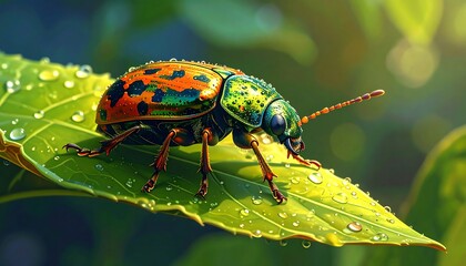 Fototapeta premium Vibrant beetle perched on a lush green leaf.