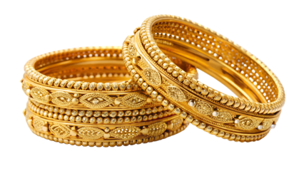 Elegant gold bangles, traditional indian jewelry, isolated on transparent background, showcasing intricate design and craftsmanship for festive occasions and cultural celebrations