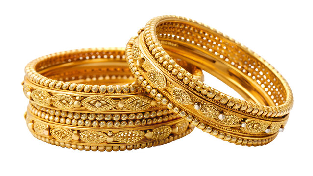 Elegant gold bangles, traditional indian jewelry, isolated on transparent background, showcasing intricate design and craftsmanship for festive occasions and cultural celebrations