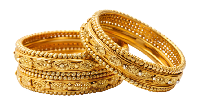 Elegant gold bangles, traditional indian jewelry, isolated on transparent background, showcasing intricate design and craftsmanship for festive occasions and cultural celebrations