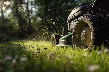 Close-up of lawn mower cutting fresh green grass with dewdrops and particles flying, sunlight shining through trees in natural garden background