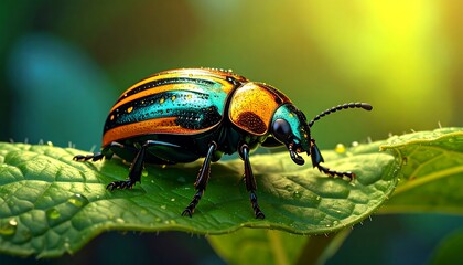 Naklejka premium Vibrant Beetle on Lush Green Leaf.