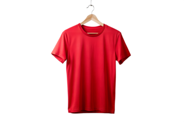 A vibrant red tshirt isolated on transparent background, hanging gracefully on a wooden hanger, showcasing a simple yet stylish wardrobe essential
