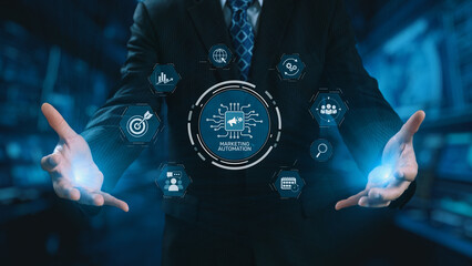 Marketing automation diagram showcase AI-driven campaign workflow, highlight marketing automation, data-driven strategy, marketing automation tools, and market automation process in business. Elide