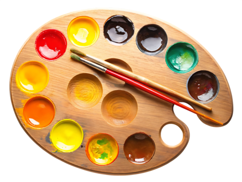 Wooden palette with colorful paints and brushes isolated on a transparent background