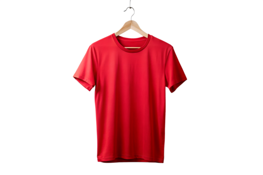 A vibrant red tshirt isolated on transparent background, hanging gracefully on a wooden hanger, showcasing a simple yet stylish wardrobe essential