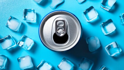 Flat Lay Of Cold Beverage Can With Ice Cubes Summer Refreshing Drink