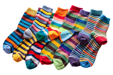 An array of colorful striped socks isolated on transparent background, displaying a diverse range of patterns and hues for fashionable and comfortable wear