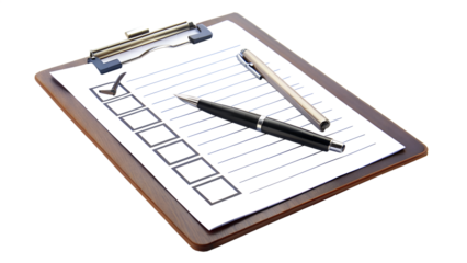 Checklist on clipboard with pen isolated on transparent background showing one item checked and several items remaining to be completed