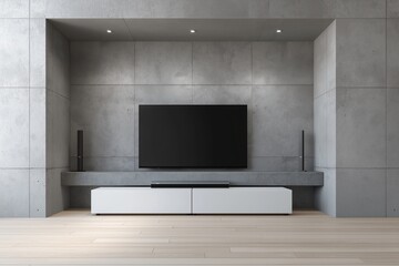 Modern interior with a minimalist home theater system built into a concrete wall. Industrial contemporary design with a large TV screen and a sleek white console.