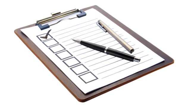 Checklist on clipboard with pen isolated on transparent background showing one item checked and several items remaining to be completed