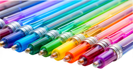 A closeup shot of a vibrant array of colorful gel pens, isolated on transparent background, neatly arranged in a row showcasing their rainbow hues