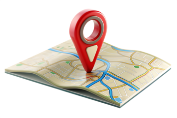 Red map pin marker on folded map isolated on white background