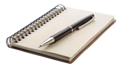 Spiral notebook with blank page and pen isolated on transparent background, ready for writing notes or sketching ideas in a clean and simple setting