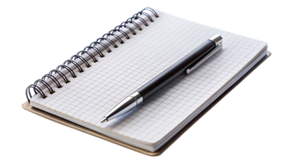 Spiral notebook with blank page and pen isolated on transparent background, ready for writing notes or sketching ideas in a clean and simple setting
