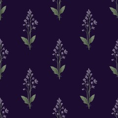 seamless floral pattern with blue and purple wildflowers on a dark background