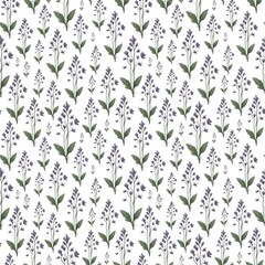 Seamless floral pattern with blue and purple wildflowers on a white background