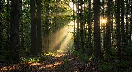 Golden sunbeams pierce through a dense forest, illuminating a serene winding path with an ethereal glow, evoking hope and discovery within nature's tranquil embrace