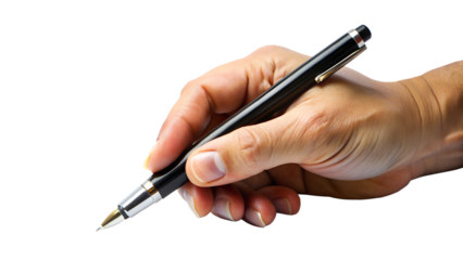 Closeup of a hand holding a black pen ready to write isolated on transparent background, showcasing the act of writing and creativity