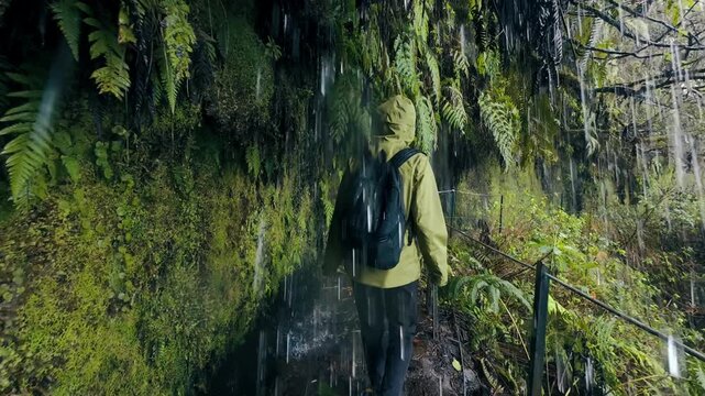 Woman walk on trek on Madeira levada trail through waterfall, Levada Walk on Madeira Island