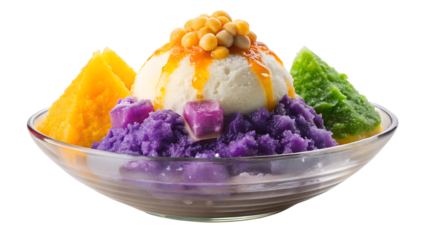 Halohalo, a popular filipino dessert isolated on transparent background, featuring shaved ice, sweet beans, fruits, and leche flan for a refreshing treat