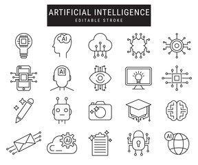 Artificial Intelligence Vector Icons Set &ndash; AI, Machine Learning, Neural Network, Robot, Technology Symbols | Artificial Intelligence Outline Icons &ndash; Chip, Algorithm, Virtual Assistant, Cloud Computing