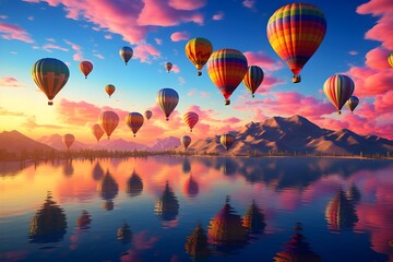 Obraz premium Mesmerizing Kaleidoscope of Hot Air Balloons Floating Gracefully Against a Vivid Sunrise, Colorful Sky Festival in 8K Ultra High Resolution