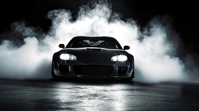 A black luxury sports car is emitting white smoke from the back and sides of the car.