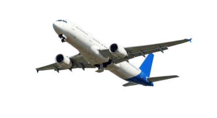 transparent modern passenger jet with blue tail and wingtips, powerful turbofan engines, ascending into a clear blue sky, landing gear partially deployed, concept of modern air travel