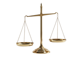 Intricate brass balance scale, polished, with two empty pans, one lower, on a transparent studio background with ample negative space. Concept of justice and imbalance