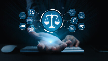 Futuristic digital law interface displaying justice scale, highlighting digital law, AI compliance, digital law systems, and digital law regulations for secure governance. Elide