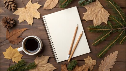 Autumnal Inspiration Workspace with Coffee Notebook and Fall Decorations Scene