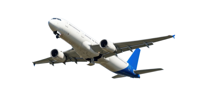 transparent modern passenger jet with blue tail and wingtips, powerful turbofan engines, ascending into a clear blue sky, landing gear partially deployed, concept of modern air travel