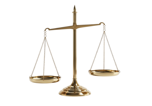 Intricate brass balance scale, polished, with two empty pans, one lower, on a transparent studio background with ample negative space. Concept of justice and imbalance