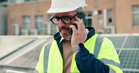 Man, engineer and tablet with phone call for solar panel inspection, maintenance and renewable energy. Mature person, mobile and discussion for repair feedback, planning installation and grid system