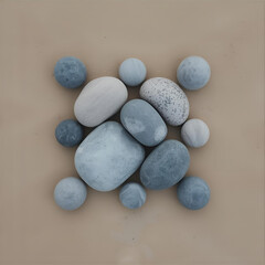 Pale blue pebbles grouped like a turtle silhouette on tan sand