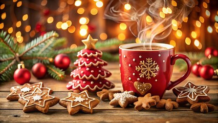 Photo of steaming hot chocolate in a festive red mug surrounded by christmas cookies and decorations with bokeh lights in the background